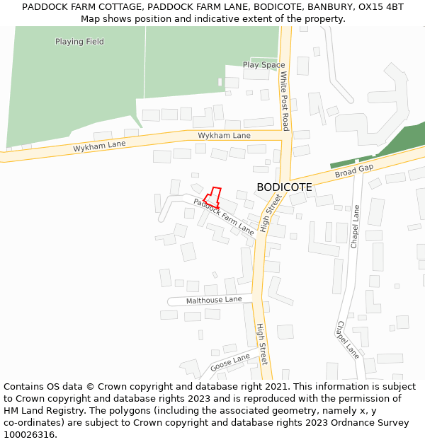 PADDOCK FARM COTTAGE, PADDOCK FARM LANE, BODICOTE, BANBURY, OX15 4BT: Location map and indicative extent of plot