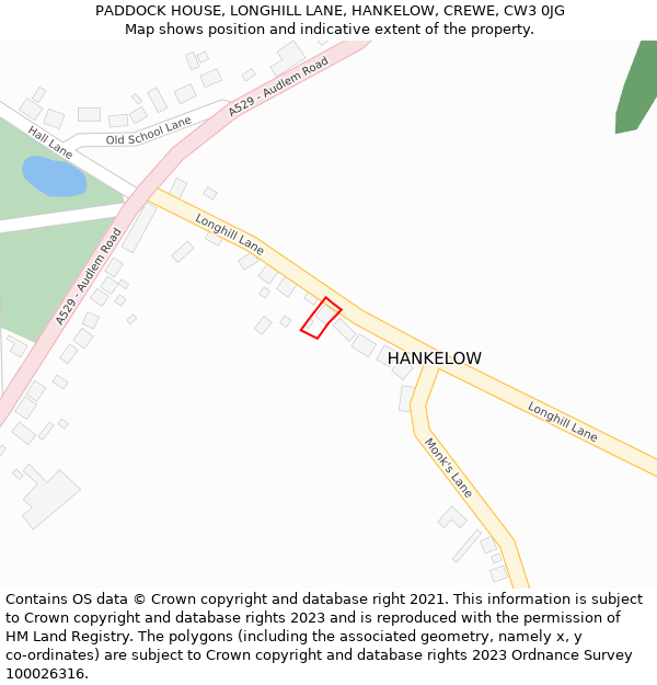 PADDOCK HOUSE, LONGHILL LANE, HANKELOW, CREWE, CW3 0JG: Location map and indicative extent of plot
