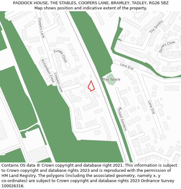 PADDOCK HOUSE, THE STABLES, COOPERS LANE, BRAMLEY, TADLEY, RG26 5BZ: Location map and indicative extent of plot