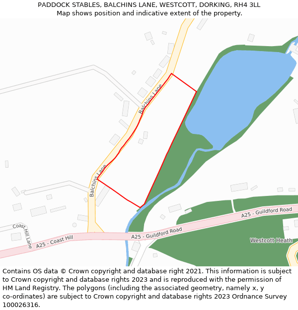 PADDOCK STABLES, BALCHINS LANE, WESTCOTT, DORKING, RH4 3LL: Location map and indicative extent of plot