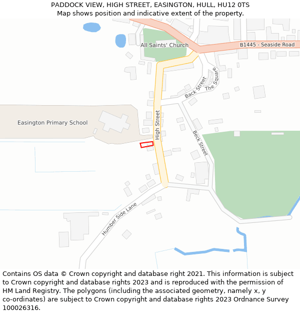 PADDOCK VIEW, HIGH STREET, EASINGTON, HULL, HU12 0TS: Location map and indicative extent of plot