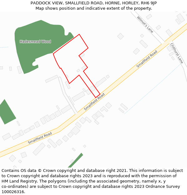 PADDOCK VIEW, SMALLFIELD ROAD, HORNE, HORLEY, RH6 9JP: Location map and indicative extent of plot