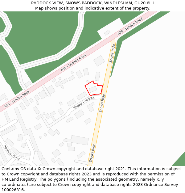 PADDOCK VIEW, SNOWS PADDOCK, WINDLESHAM, GU20 6LH: Location map and indicative extent of plot