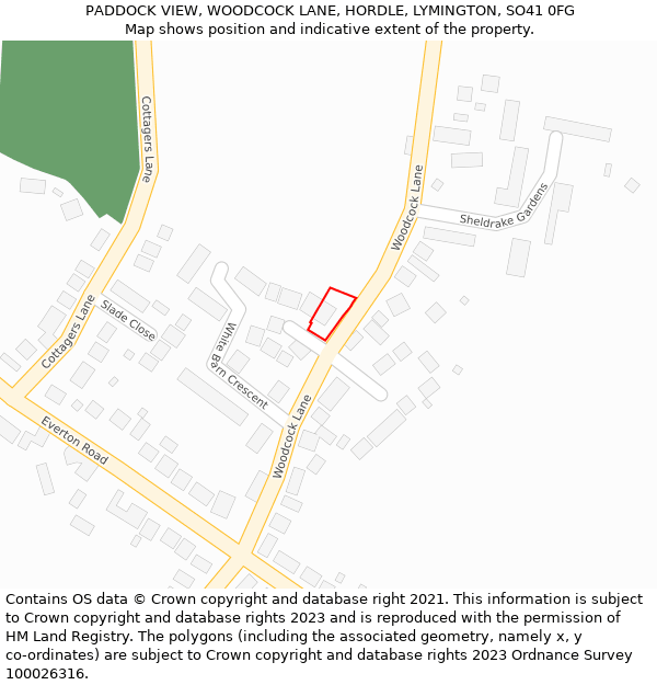 PADDOCK VIEW, WOODCOCK LANE, HORDLE, LYMINGTON, SO41 0FG: Location map and indicative extent of plot