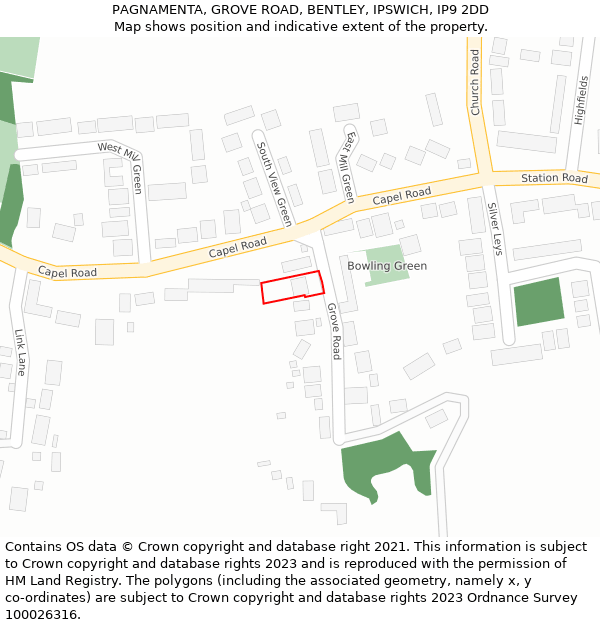 PAGNAMENTA, GROVE ROAD, BENTLEY, IPSWICH, IP9 2DD: Location map and indicative extent of plot