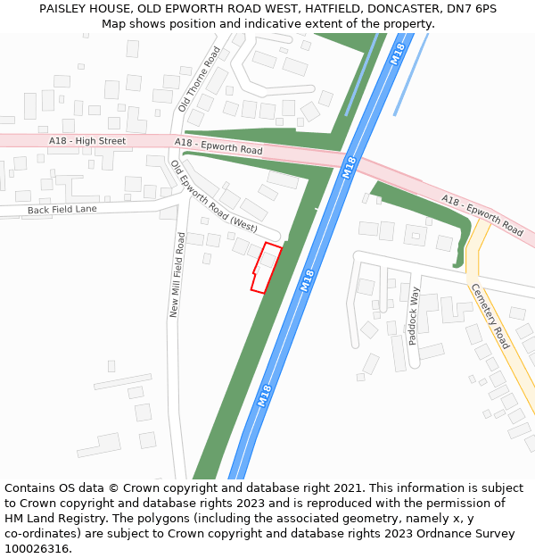 PAISLEY HOUSE, OLD EPWORTH ROAD WEST, HATFIELD, DONCASTER, DN7 6PS: Location map and indicative extent of plot