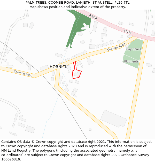 PALM TREES, COOMBE ROAD, LANJETH, ST AUSTELL, PL26 7TL: Location map and indicative extent of plot