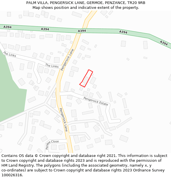 PALM VILLA, PENGERSICK LANE, GERMOE, PENZANCE, TR20 9RB: Location map and indicative extent of plot