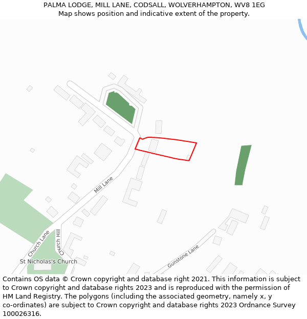 PALMA LODGE, MILL LANE, CODSALL, WOLVERHAMPTON, WV8 1EG: Location map and indicative extent of plot