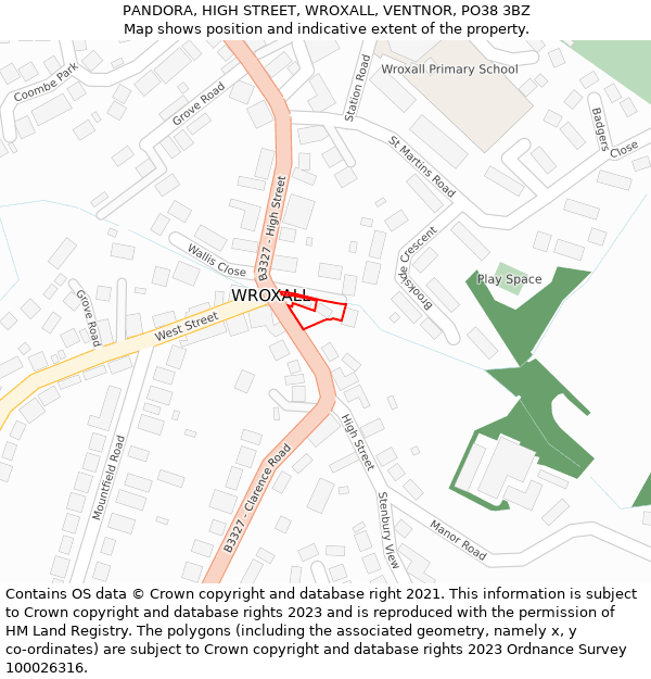 PANDORA, HIGH STREET, WROXALL, VENTNOR, PO38 3BZ: Location map and indicative extent of plot