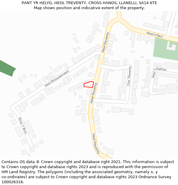 PANT YR HELYG, HEOL TREVENTY, CROSS HANDS, LLANELLI, SA14 6TE: Location map and indicative extent of plot