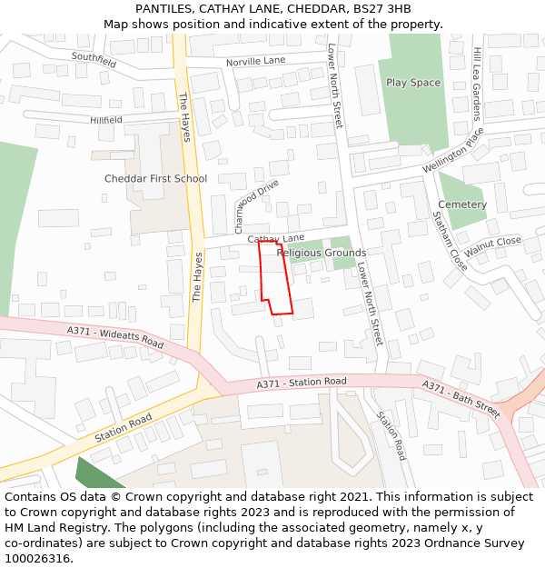PANTILES, CATHAY LANE, CHEDDAR, BS27 3HB: Location map and indicative extent of plot