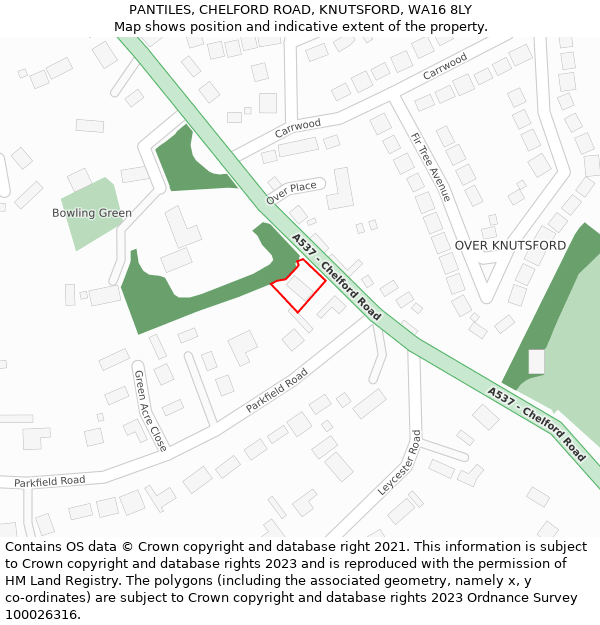 PANTILES, CHELFORD ROAD, KNUTSFORD, WA16 8LY: Location map and indicative extent of plot