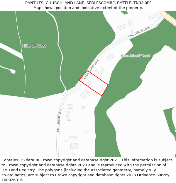 PANTILES, CHURCHLAND LANE, SEDLESCOMBE, BATTLE, TN33 0PF: Location map and indicative extent of plot