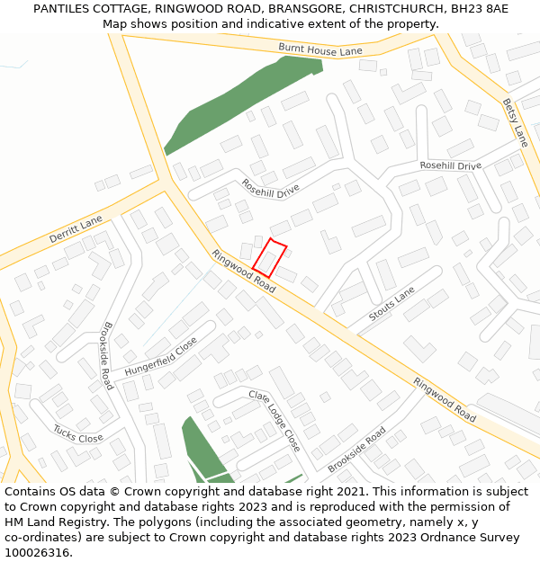 PANTILES COTTAGE, RINGWOOD ROAD, BRANSGORE, CHRISTCHURCH, BH23 8AE: Location map and indicative extent of plot