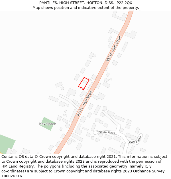 PANTILES, HIGH STREET, HOPTON, DISS, IP22 2QX: Location map and indicative extent of plot