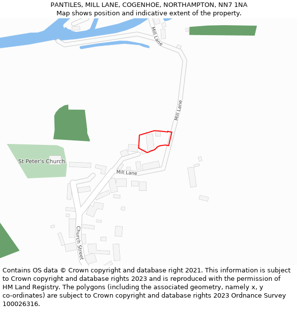 PANTILES, MILL LANE, COGENHOE, NORTHAMPTON, NN7 1NA: Location map and indicative extent of plot