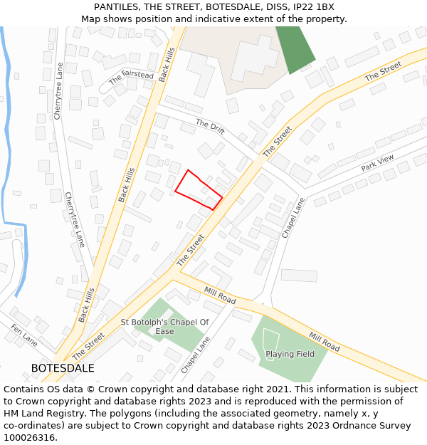 PANTILES, THE STREET, BOTESDALE, DISS, IP22 1BX: Location map and indicative extent of plot
