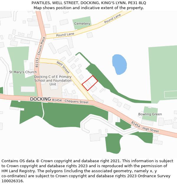 PANTILES, WELL STREET, DOCKING, KING'S LYNN, PE31 8LQ: Location map and indicative extent of plot
