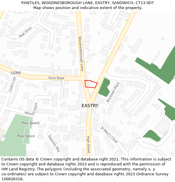 PANTILES, WOODNESBOROUGH LANE, EASTRY, SANDWICH, CT13 0DT: Location map and indicative extent of plot