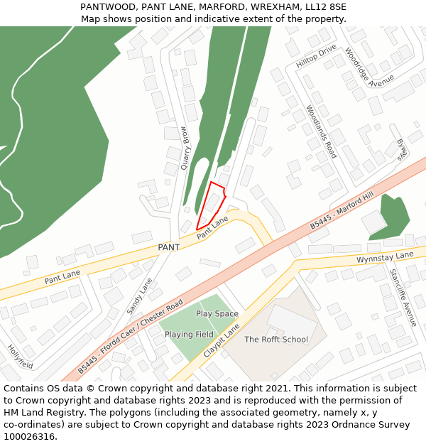 PANTWOOD, PANT LANE, MARFORD, WREXHAM, LL12 8SE: Location map and indicative extent of plot