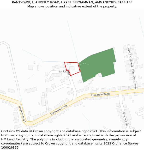 PANTYDWR, LLANDEILO ROAD, UPPER BRYNAMMAN, AMMANFORD, SA18 1BE: Location map and indicative extent of plot