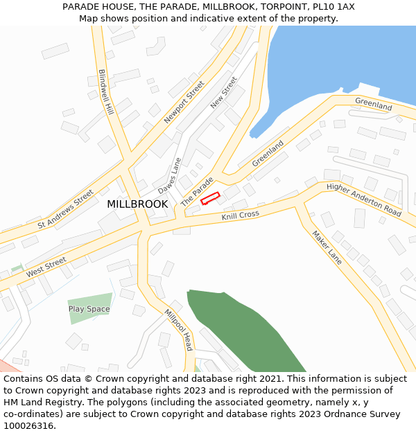 PARADE HOUSE, THE PARADE, MILLBROOK, TORPOINT, PL10 1AX: Location map and indicative extent of plot