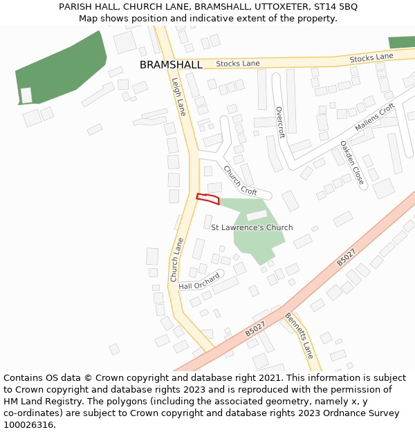 PARISH HALL, CHURCH LANE, BRAMSHALL, UTTOXETER, ST14 5BQ: Location map and indicative extent of plot