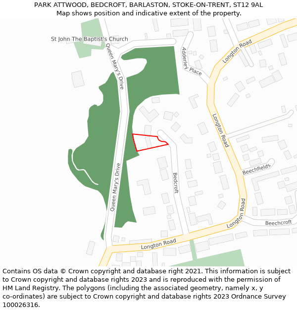 PARK ATTWOOD, BEDCROFT, BARLASTON, STOKE-ON-TRENT, ST12 9AL: Location map and indicative extent of plot