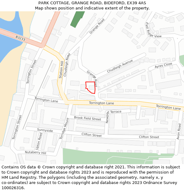 PARK COTTAGE, GRANGE ROAD, BIDEFORD, EX39 4AS: Location map and indicative extent of plot