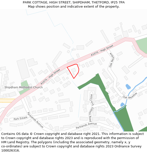 PARK COTTAGE, HIGH STREET, SHIPDHAM, THETFORD, IP25 7PA: Location map and indicative extent of plot