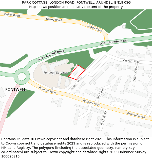 PARK COTTAGE, LONDON ROAD, FONTWELL, ARUNDEL, BN18 0SG: Location map and indicative extent of plot