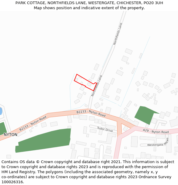 PARK COTTAGE, NORTHFIELDS LANE, WESTERGATE, CHICHESTER, PO20 3UH: Location map and indicative extent of plot