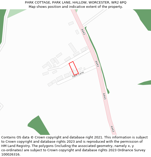 PARK COTTAGE, PARK LANE, HALLOW, WORCESTER, WR2 6PQ: Location map and indicative extent of plot
