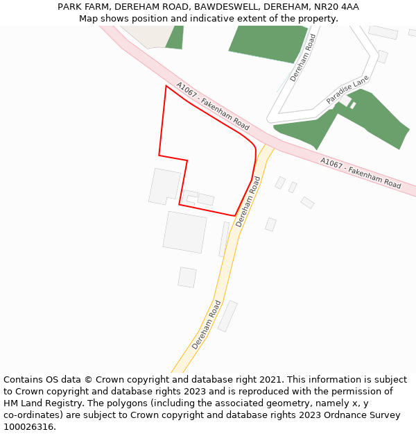 PARK FARM, DEREHAM ROAD, BAWDESWELL, DEREHAM, NR20 4AA: Location map and indicative extent of plot