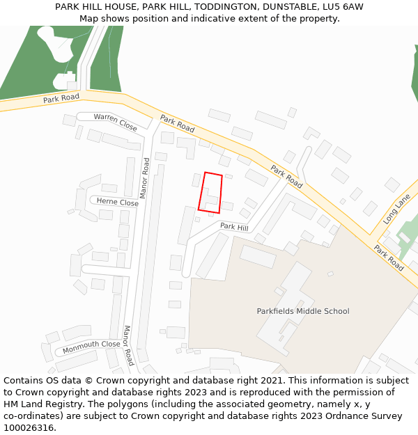 PARK HILL HOUSE, PARK HILL, TODDINGTON, DUNSTABLE, LU5 6AW: Location map and indicative extent of plot