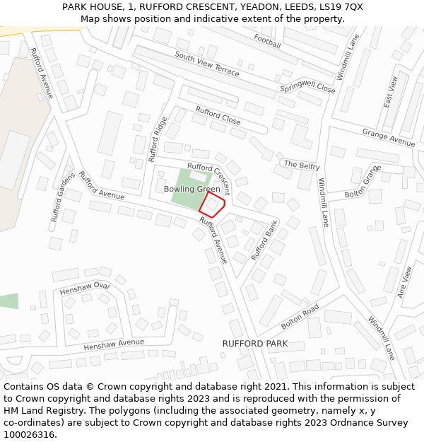PARK HOUSE, 1, RUFFORD CRESCENT, YEADON, LEEDS, LS19 7QX: Location map and indicative extent of plot