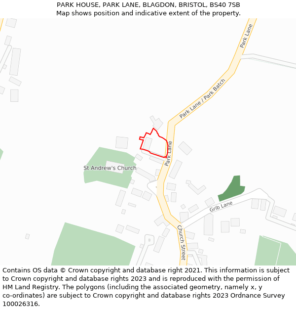 PARK HOUSE, PARK LANE, BLAGDON, BRISTOL, BS40 7SB: Location map and indicative extent of plot