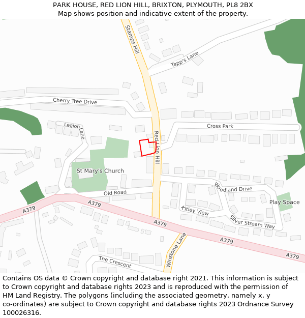 PARK HOUSE, RED LION HILL, BRIXTON, PLYMOUTH, PL8 2BX: Location map and indicative extent of plot
