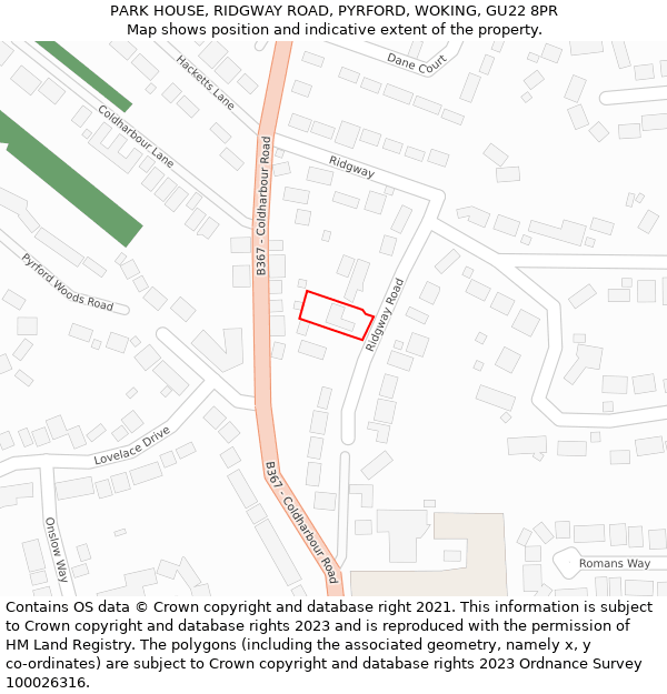 PARK HOUSE, RIDGWAY ROAD, PYRFORD, WOKING, GU22 8PR: Location map and indicative extent of plot