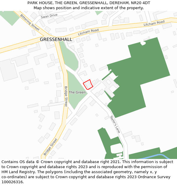 PARK HOUSE, THE GREEN, GRESSENHALL, DEREHAM, NR20 4DT: Location map and indicative extent of plot