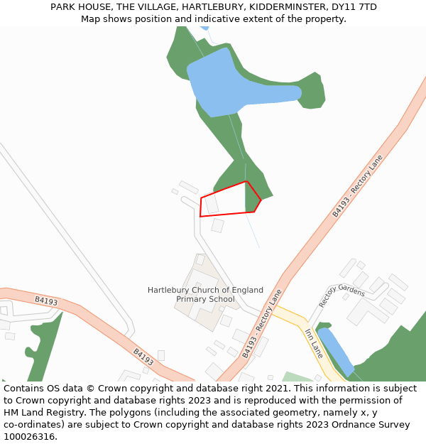 PARK HOUSE, THE VILLAGE, HARTLEBURY, KIDDERMINSTER, DY11 7TD: Location map and indicative extent of plot