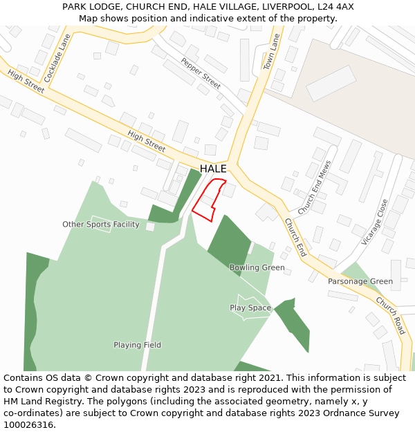 PARK LODGE, CHURCH END, HALE VILLAGE, LIVERPOOL, L24 4AX: Location map and indicative extent of plot