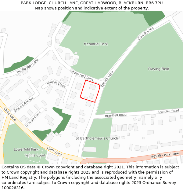 PARK LODGE, CHURCH LANE, GREAT HARWOOD, BLACKBURN, BB6 7PU: Location map and indicative extent of plot