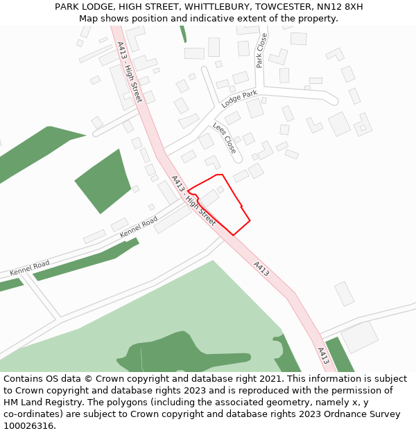 PARK LODGE, HIGH STREET, WHITTLEBURY, TOWCESTER, NN12 8XH: Location map and indicative extent of plot