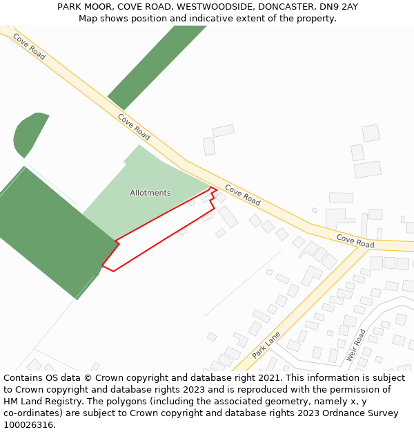PARK MOOR, COVE ROAD, WESTWOODSIDE, DONCASTER, DN9 2AY: Location map and indicative extent of plot