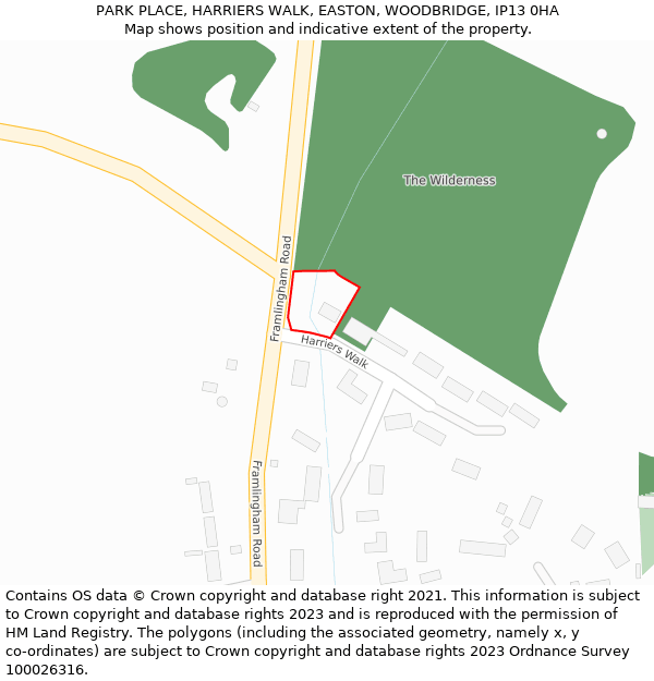 PARK PLACE, HARRIERS WALK, EASTON, WOODBRIDGE, IP13 0HA: Location map and indicative extent of plot