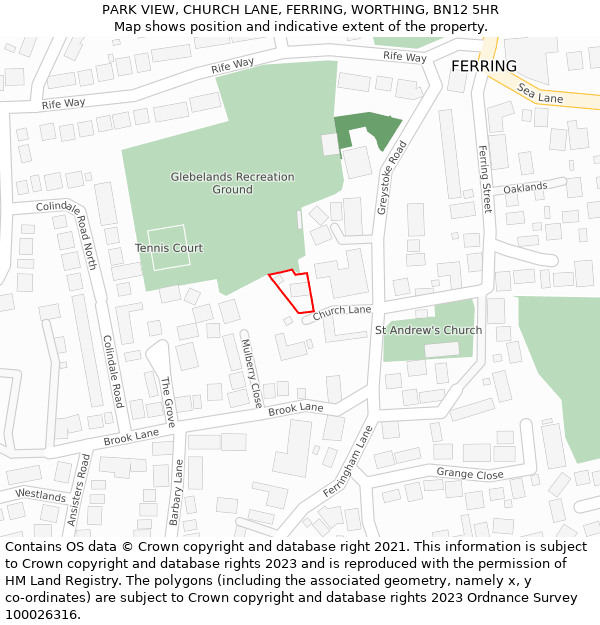 PARK VIEW, CHURCH LANE, FERRING, WORTHING, BN12 5HR: Location map and indicative extent of plot