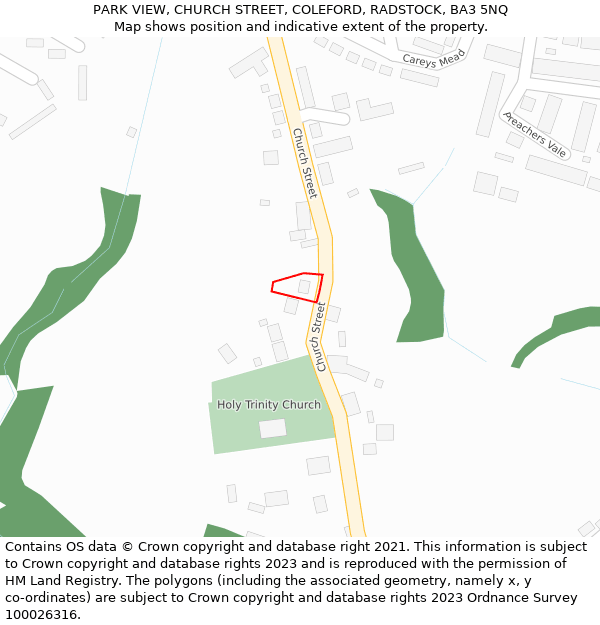 PARK VIEW, CHURCH STREET, COLEFORD, RADSTOCK, BA3 5NQ: Location map and indicative extent of plot