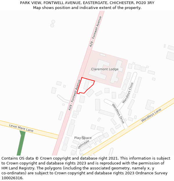 PARK VIEW, FONTWELL AVENUE, EASTERGATE, CHICHESTER, PO20 3RY: Location map and indicative extent of plot